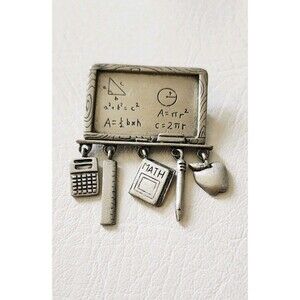 JJ Jonette School Themed Chalk Board  Charms Pewter Silver Tone Pin Brooch